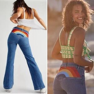 NEW WE THE FREE PEOPLE DRIFTWOOD SOMEWHERE OVER THE RAINBOW FLARE DENIM JEANS